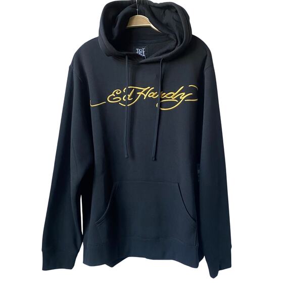 Ed Hardy Other - Ed Hardy Men Y2K Spell Out Logo Black Hoodie Sweatshirt Size L Grunge Skater NWT